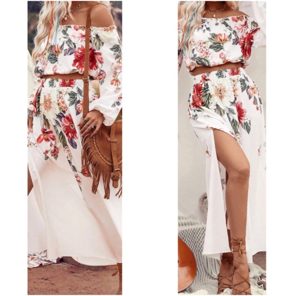 Boho Floral Printed Off Shoulder Crop Top Split Thigh Maxi Skirt Set - Picture 1 of 6